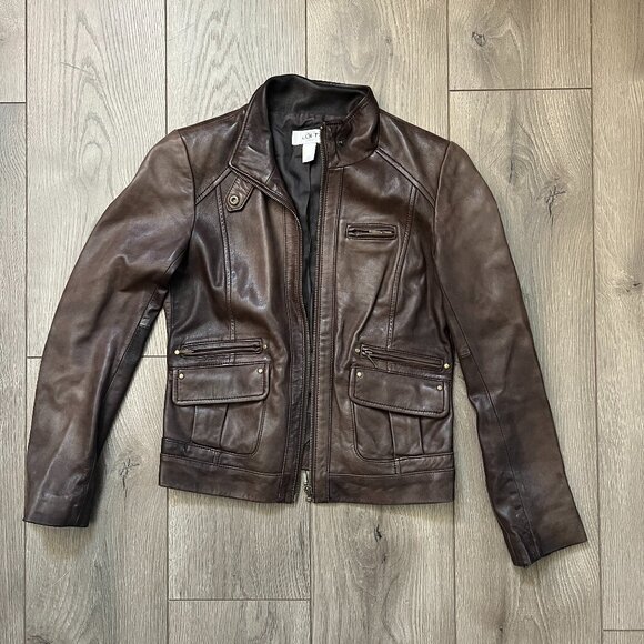 Ann Taylor Loft 100% Genuine Leather Brown Jacket Size 0 Petites - Picture 1 of 4